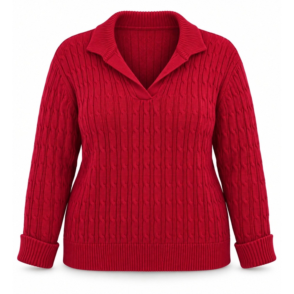 Liz Claiborne Red Cable Knit Sweater 1X Woman Cotton V-Neck Long Sleeve Pullover